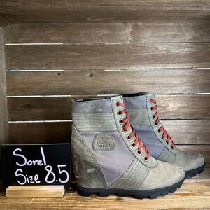 Womens Sorel Lexie Olive Green Leather Lace Up‎ Wedge Ankle Boots Size 8.5 M GUC